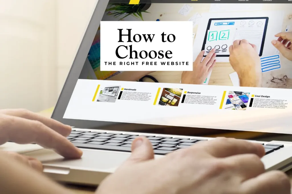 Person using a laptop to design a website layout with the text ‘How to Choose the Right Free Website for Remote Jobs’ displayed on screen.